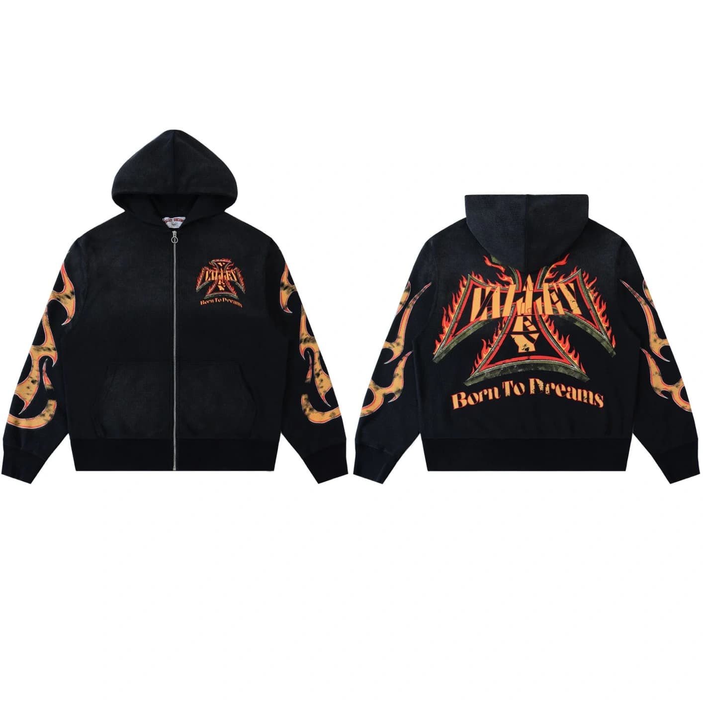 Born To Forever Fire Zip Hoodie - Black