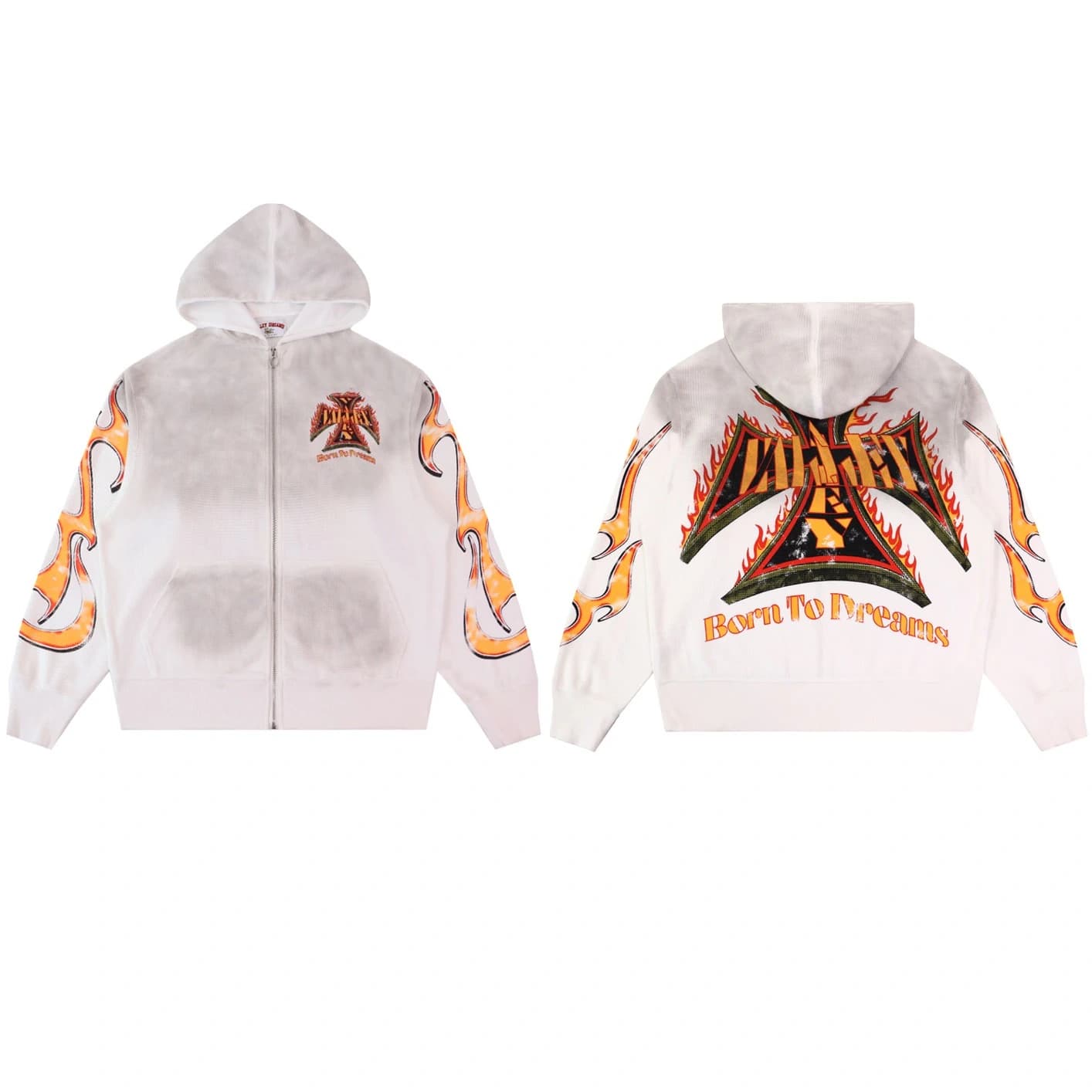 Born To Forever Fire Zip Hoodie - White Orange