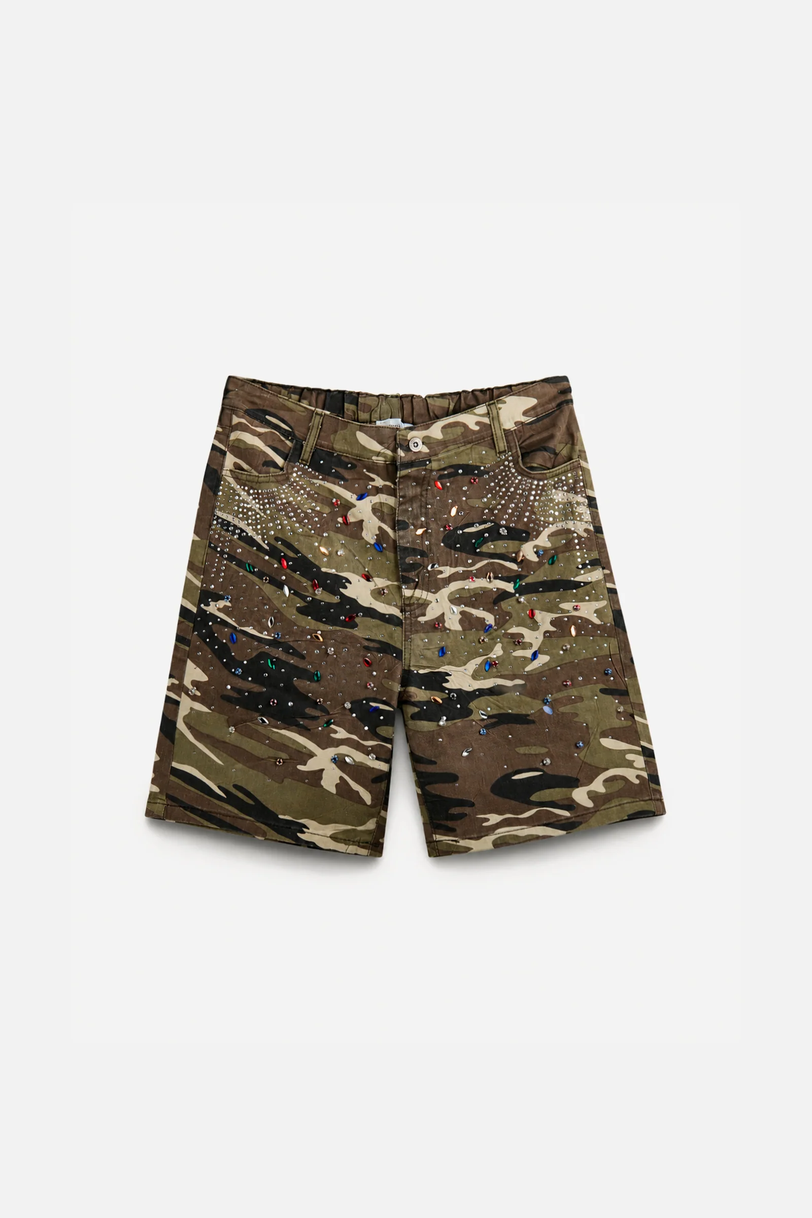Camouflage-Jeansshorts mit Kristallen